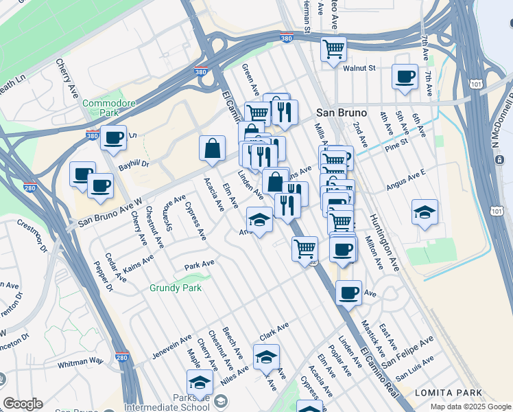 map of restaurants, bars, coffee shops, grocery stores, and more near 820 Reid Avenue in San Bruno