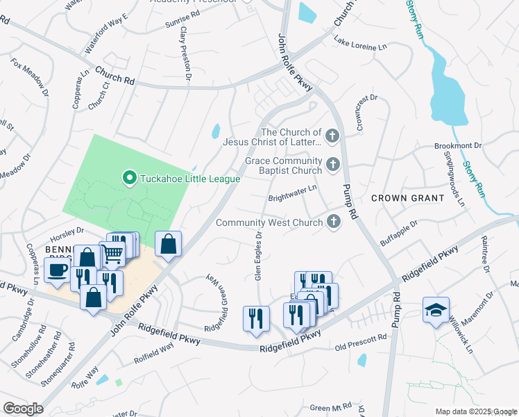map of restaurants, bars, coffee shops, grocery stores, and more near 2401 Bridgehaven Terrace in Henrico