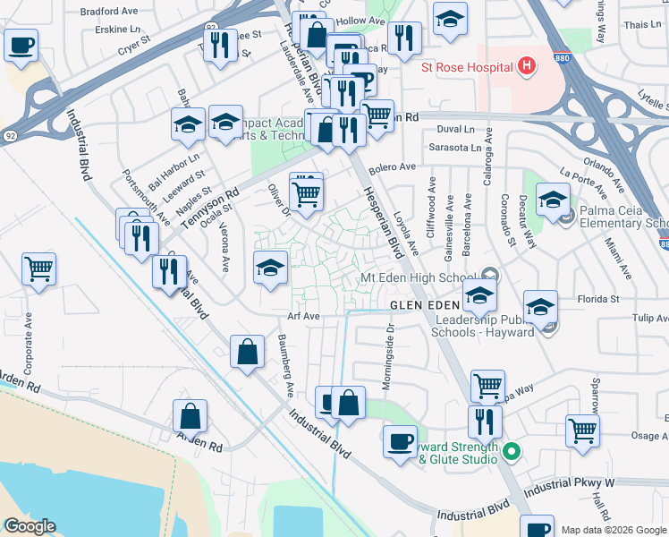 map of restaurants, bars, coffee shops, grocery stores, and more near 27521 Stromberg Court in Hayward