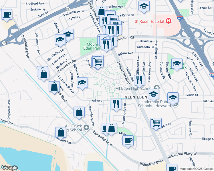 map of restaurants, bars, coffee shops, grocery stores, and more near 27521 Stromberg Court in Hayward