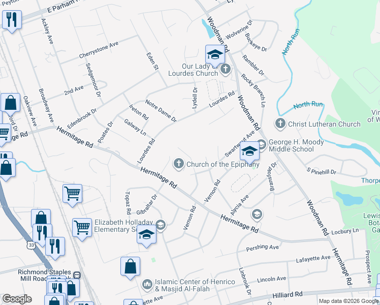 map of restaurants, bars, coffee shops, grocery stores, and more near 7515 Oakmont Drive in Richmond