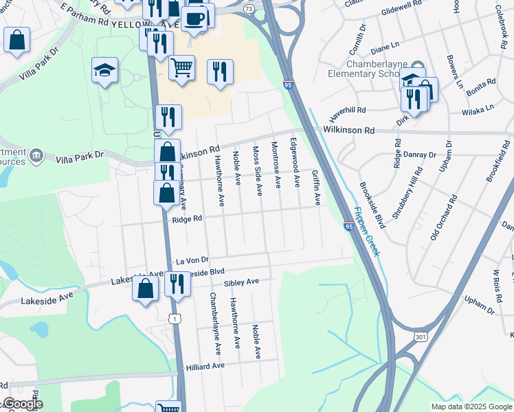 map of restaurants, bars, coffee shops, grocery stores, and more near 7504 Moss Side Avenue in Richmond