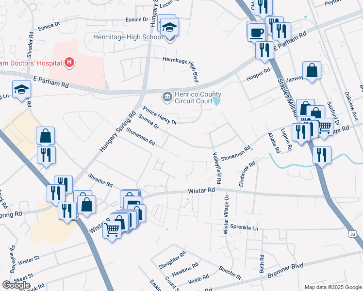 map of restaurants, bars, coffee shops, grocery stores, and more near 7305 Somoa Drive in Richmond