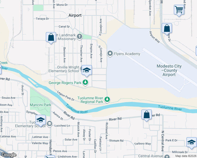 map of restaurants, bars, coffee shops, grocery stores, and more near 1723 Connie Way in Modesto