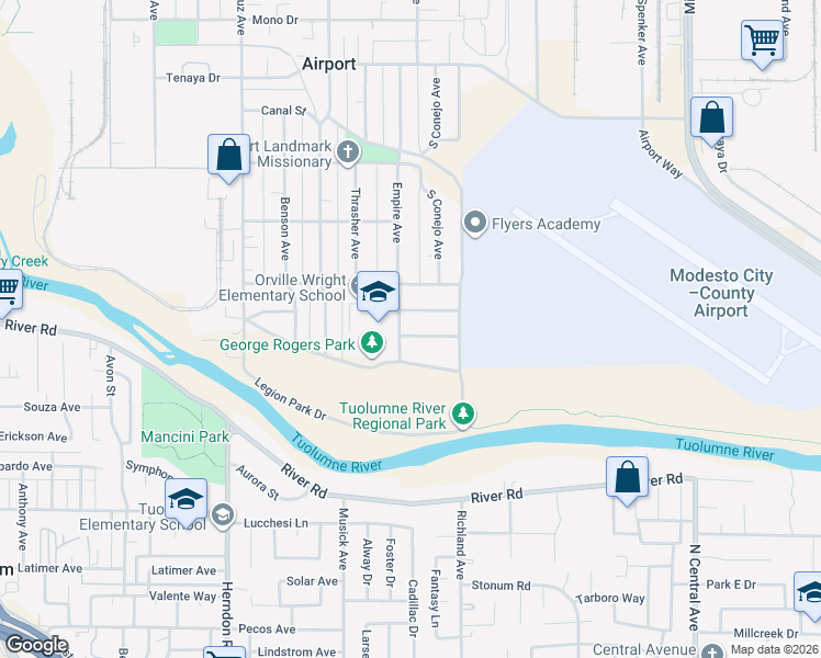 map of restaurants, bars, coffee shops, grocery stores, and more near 1723 Connie Way in Modesto