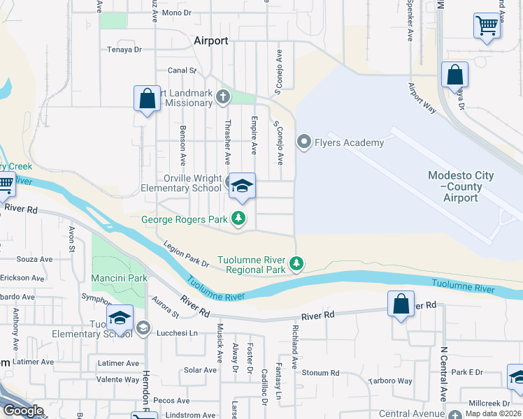 map of restaurants, bars, coffee shops, grocery stores, and more near 1723 Connie Way in Modesto
