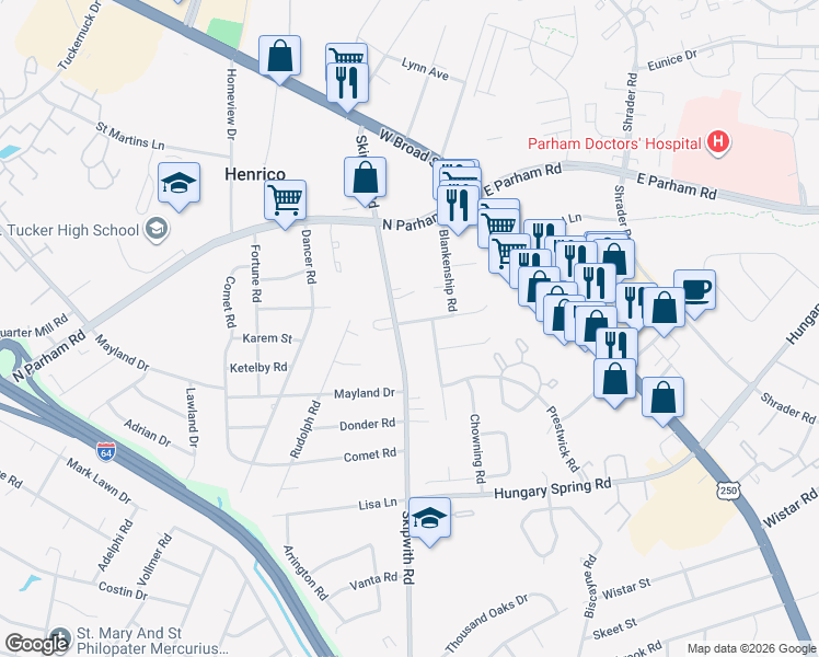 map of restaurants, bars, coffee shops, grocery stores, and more near 2915 Skipwith Road in Richmond