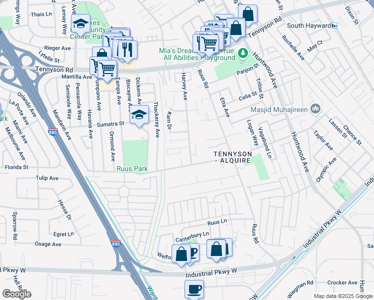 map of restaurants, bars, coffee shops, grocery stores, and more near 1106 Hat Creek Way in Hayward