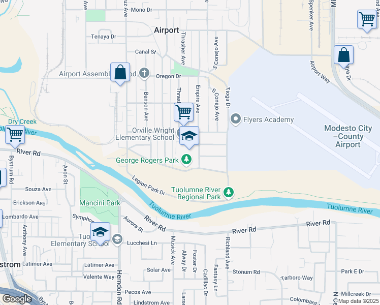 map of restaurants, bars, coffee shops, grocery stores, and more near 1602 Monterey Avenue in Modesto