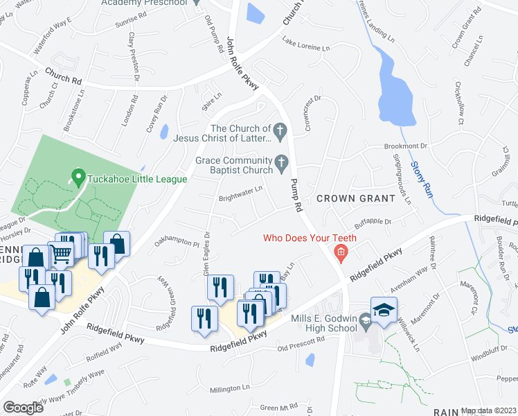 map of restaurants, bars, coffee shops, grocery stores, and more near 2307 Brookwater Drive in Richmond