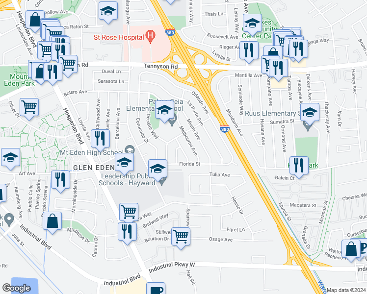 map of restaurants, bars, coffee shops, grocery stores, and more near 27820 Dolphin Lane in Hayward