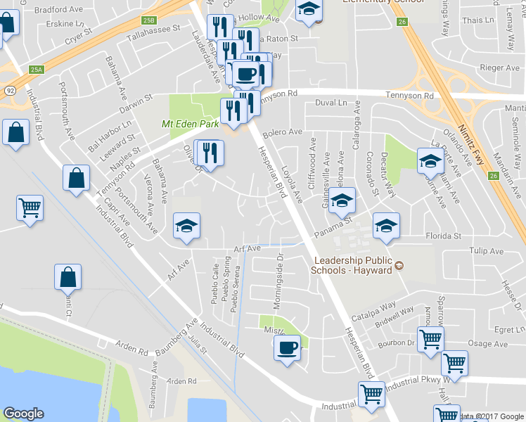 map of restaurants, bars, coffee shops, grocery stores, and more near 27609 Del Norte Court in Hayward
