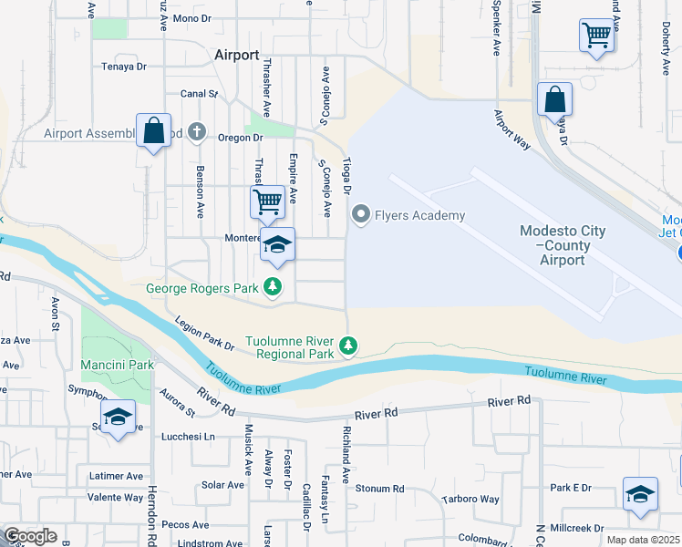 map of restaurants, bars, coffee shops, grocery stores, and more near 913 Tioga Drive in Modesto