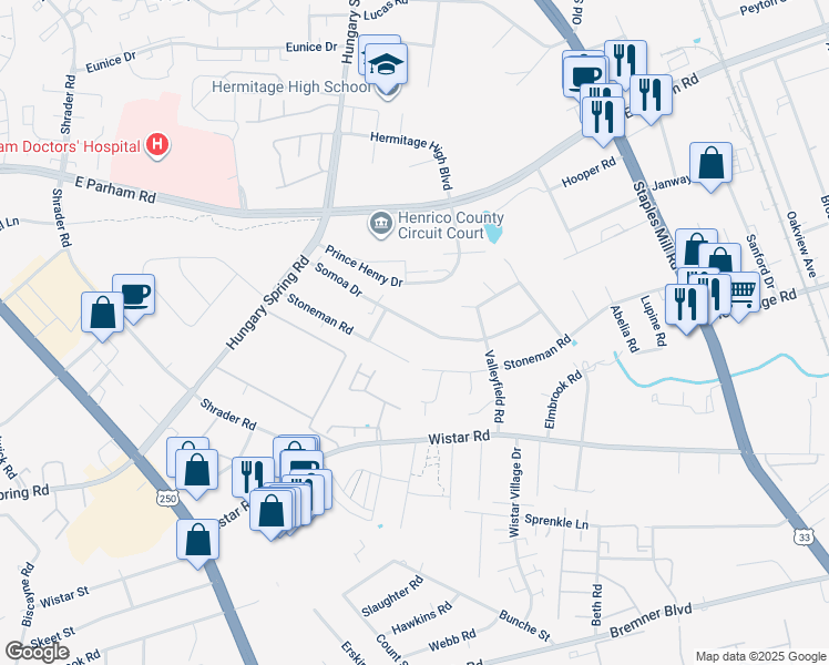 map of restaurants, bars, coffee shops, grocery stores, and more near 7305 Somoa Drive in Richmond