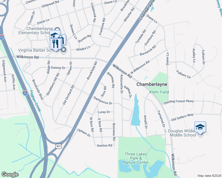map of restaurants, bars, coffee shops, grocery stores, and more near 6014 Bonneau Road in Richmond