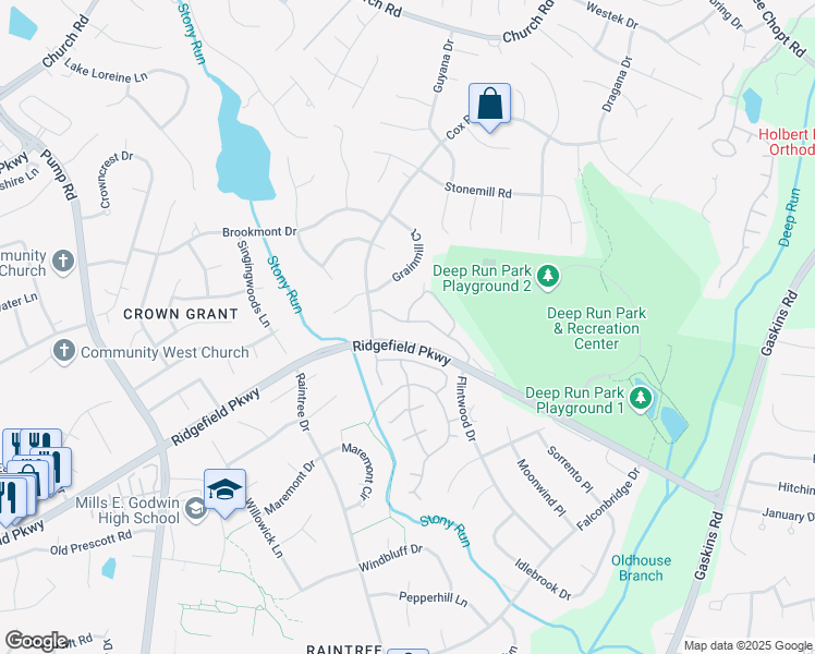 map of restaurants, bars, coffee shops, grocery stores, and more near 2103 Turtle Creek Drive in Henrico