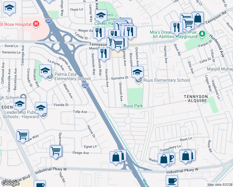 map of restaurants, bars, coffee shops, grocery stores, and more near 27947 Pompano Avenue in Hayward