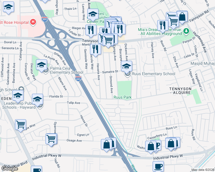 map of restaurants, bars, coffee shops, grocery stores, and more near 27947 Pompano Avenue in Hayward