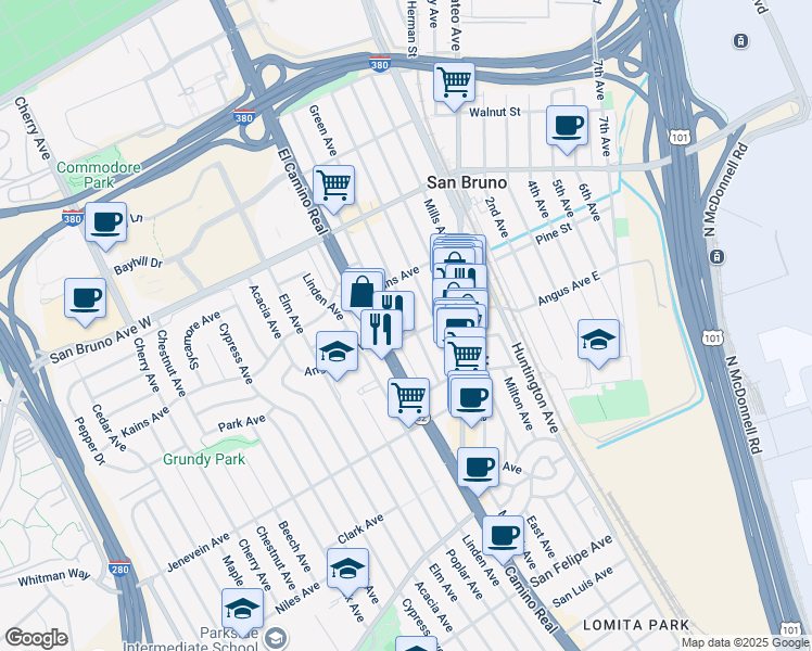 map of restaurants, bars, coffee shops, grocery stores, and more near 617 Green Avenue in San Bruno