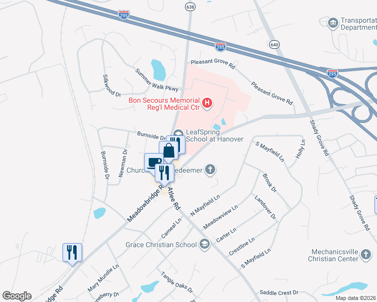map of restaurants, bars, coffee shops, grocery stores, and more near 8218 Atlee Road in Mechanicsville