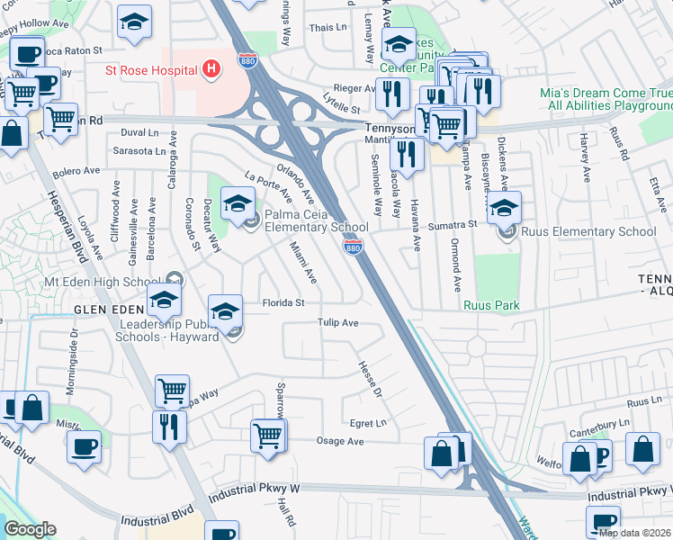 map of restaurants, bars, coffee shops, grocery stores, and more near 27800 La Porte Avenue in Hayward