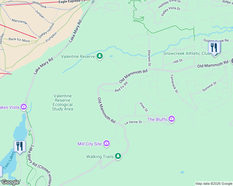 map of restaurants, bars, coffee shops, grocery stores, and more near 139 Red Fir Road in Mammoth Lakes