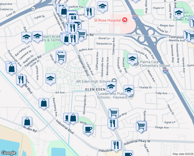 map of restaurants, bars, coffee shops, grocery stores, and more near 27764 Loyola Avenue in Hayward