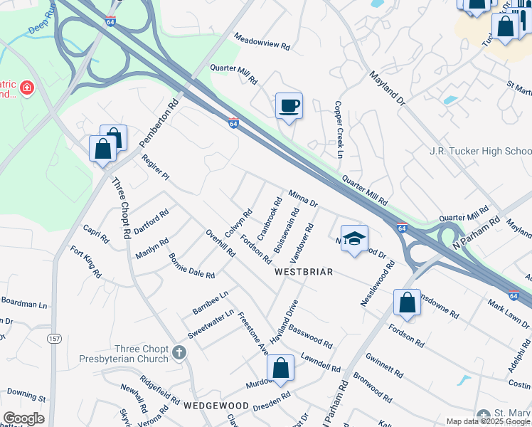 map of restaurants, bars, coffee shops, grocery stores, and more near 2402 Cranbrook Road in Richmond