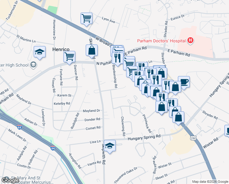 map of restaurants, bars, coffee shops, grocery stores, and more near 2403 Larkwood Road in Richmond