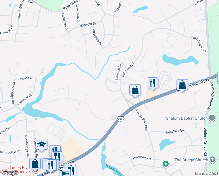 map of restaurants, bars, coffee shops, grocery stores, and more near 6160 Winding Hills Drive in Mechanicsville