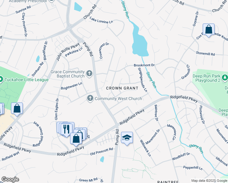 map of restaurants, bars, coffee shops, grocery stores, and more near 2309 Mountainbrook Drive in Henrico