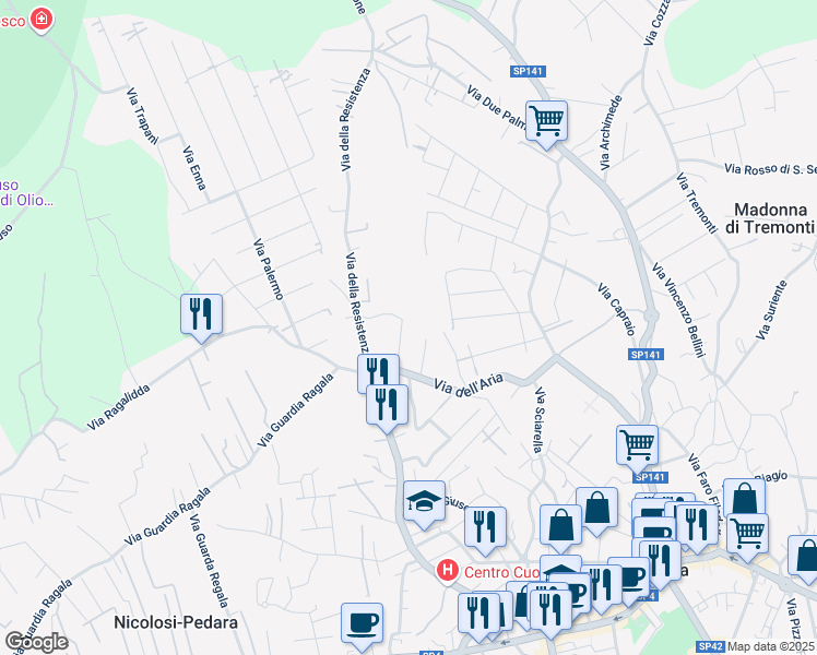 map of restaurants, bars, coffee shops, grocery stores, and more near 22 Via Antonio Pacinotti in Pedara