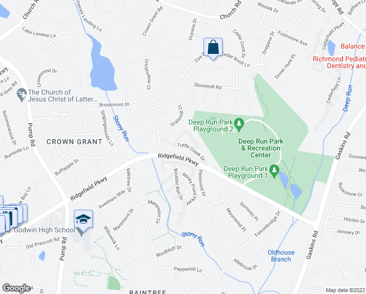 map of restaurants, bars, coffee shops, grocery stores, and more near 2105 Turtle Creek Drive in Henrico