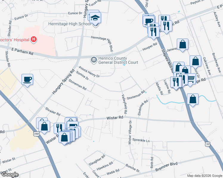 map of restaurants, bars, coffee shops, grocery stores, and more near 7204 Somoa Drive in Richmond