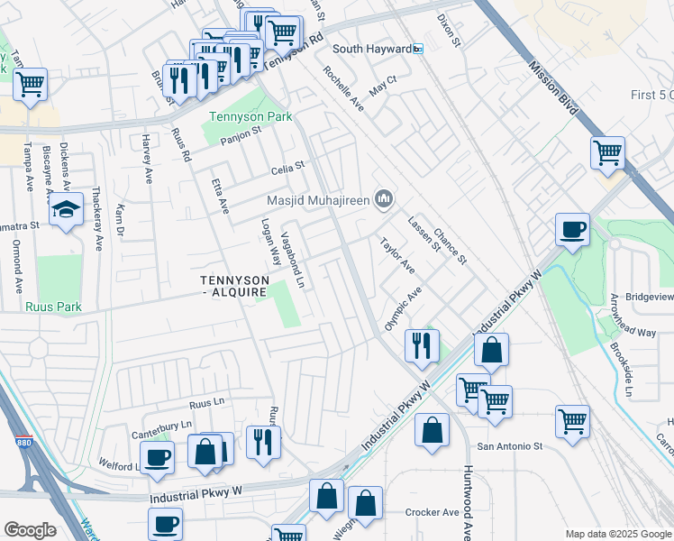 map of restaurants, bars, coffee shops, grocery stores, and more near 29223 Whalebone Way in Hayward