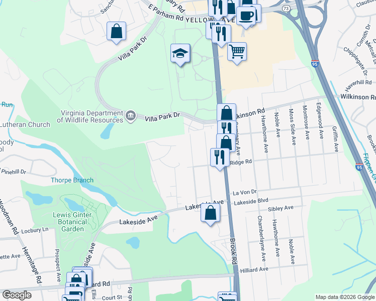 map of restaurants, bars, coffee shops, grocery stores, and more near 7516 Landsworth Avenue in Richmond