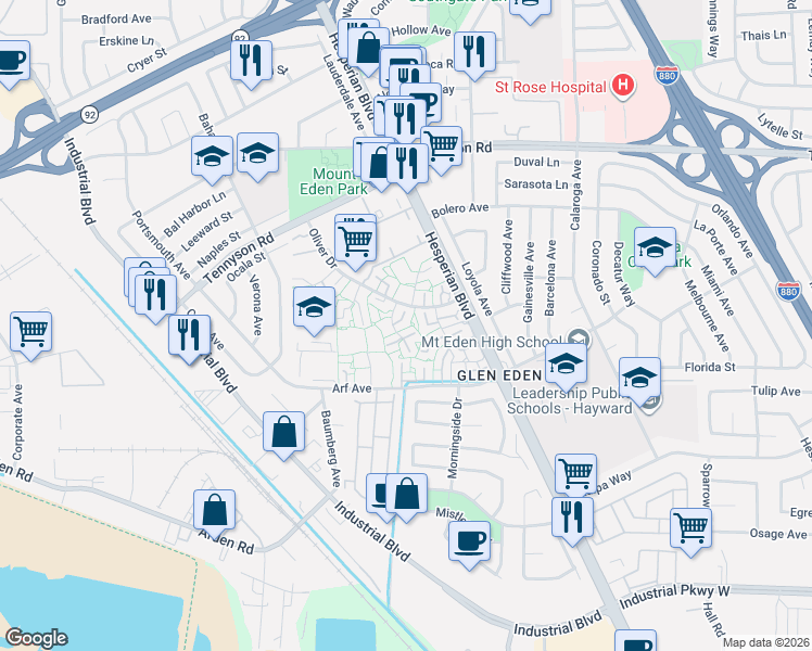 map of restaurants, bars, coffee shops, grocery stores, and more near 27521 Stromberg Court in Hayward