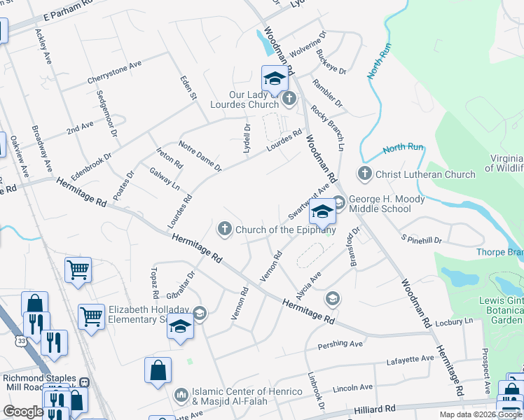 map of restaurants, bars, coffee shops, grocery stores, and more near 8007 Dalmain Drive in Richmond