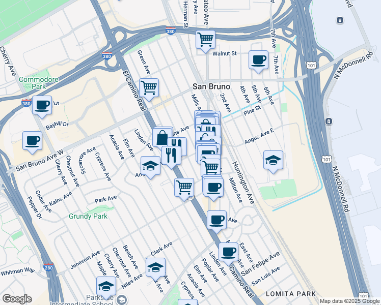 map of restaurants, bars, coffee shops, grocery stores, and more near 440 Angus Avenue West in San Bruno