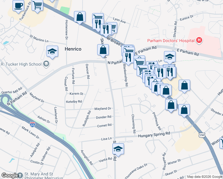 map of restaurants, bars, coffee shops, grocery stores, and more near 2915 Skipwith Road in Richmond