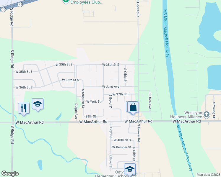map of restaurants, bars, coffee shops, grocery stores, and more near 5927 West Juno Street in Wichita