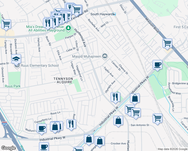 map of restaurants, bars, coffee shops, grocery stores, and more near 29223 Whalebone Way in Hayward