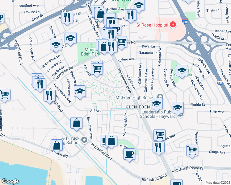 map of restaurants, bars, coffee shops, grocery stores, and more near 27609 Del Norte Court in Hayward