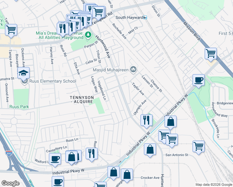 map of restaurants, bars, coffee shops, grocery stores, and more near 29223 Whalebone Way in Hayward