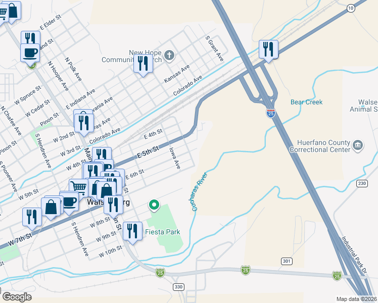 map of restaurants, bars, coffee shops, grocery stores, and more near 601 South Madison Avenue in Walsenburg