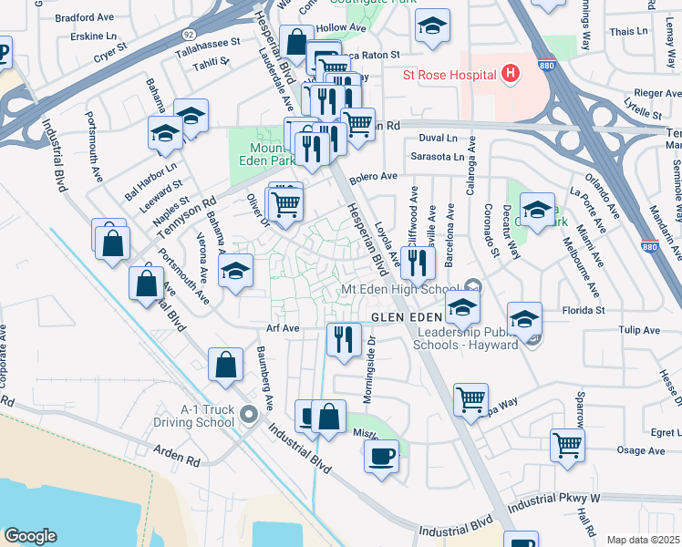 map of restaurants, bars, coffee shops, grocery stores, and more near 27609 Del Norte Court in Hayward