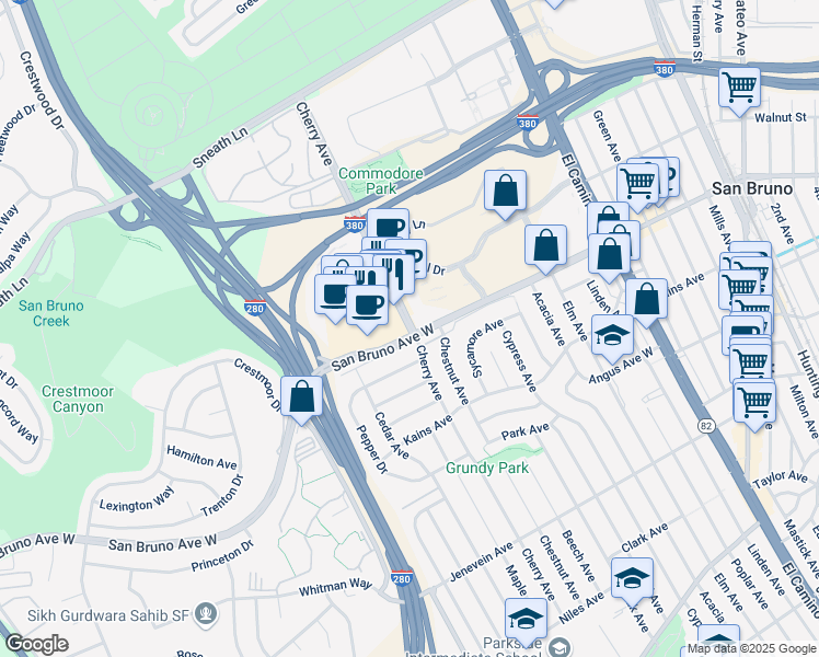 map of restaurants, bars, coffee shops, grocery stores, and more near 813 Cherry Ave in San Bruno