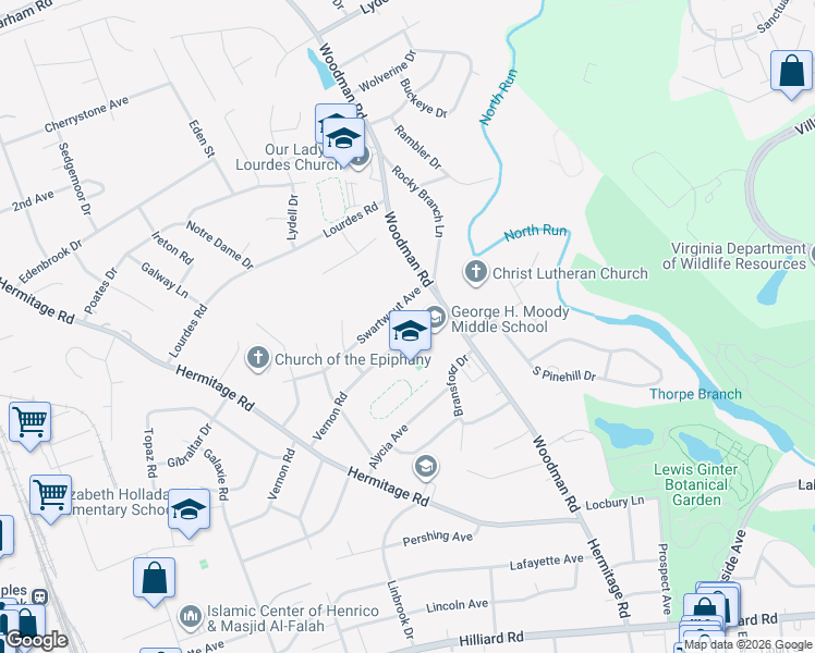 map of restaurants, bars, coffee shops, grocery stores, and more near 2412 Vernon Road in Richmond
