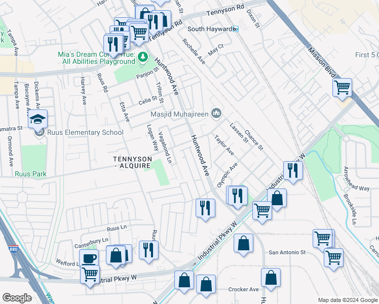 map of restaurants, bars, coffee shops, grocery stores, and more near 29219 Whalebone Way in Hayward