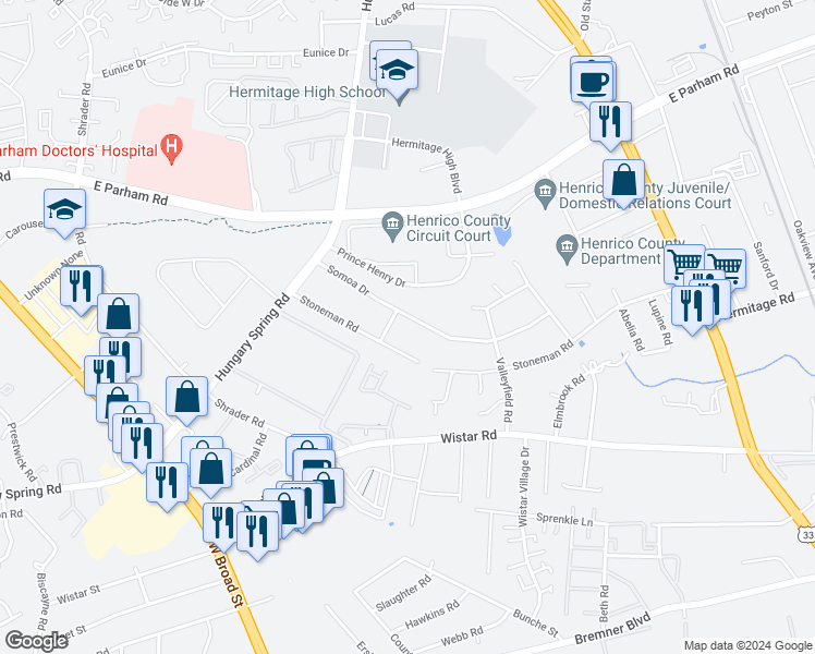 map of restaurants, bars, coffee shops, grocery stores, and more near 7311 Somoa Drive in Richmond